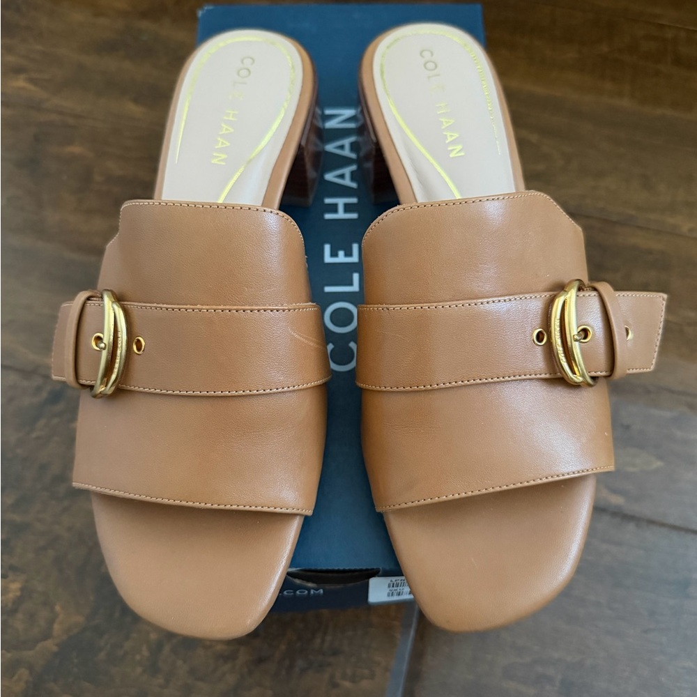 Cole Haan Women's Crosby Slide Sandal Caramel with Gold Buckle 6.5